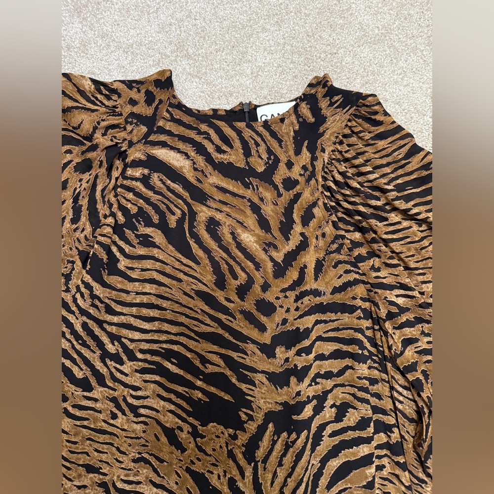 Ganni - Printed Georgette Black & Brown Tiger Patterned Dress - size 36 or US 4 - Picture 6 of 16
